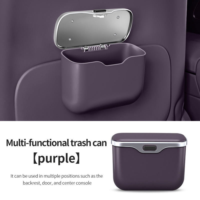 Car Trash Can Hanging Rubbish Bin with Lid Waterproof Leather Vehicle Organiser Storage Box for Door Seat Back Console Purple