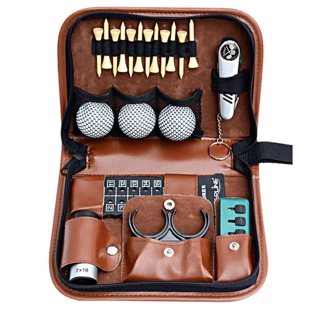 Premium PU Leather Golf Accessory Pouch Portable Zippered Organiser Bag for Tees Balls Scorecard & Tools Waterproof Travel Case Dark Brown