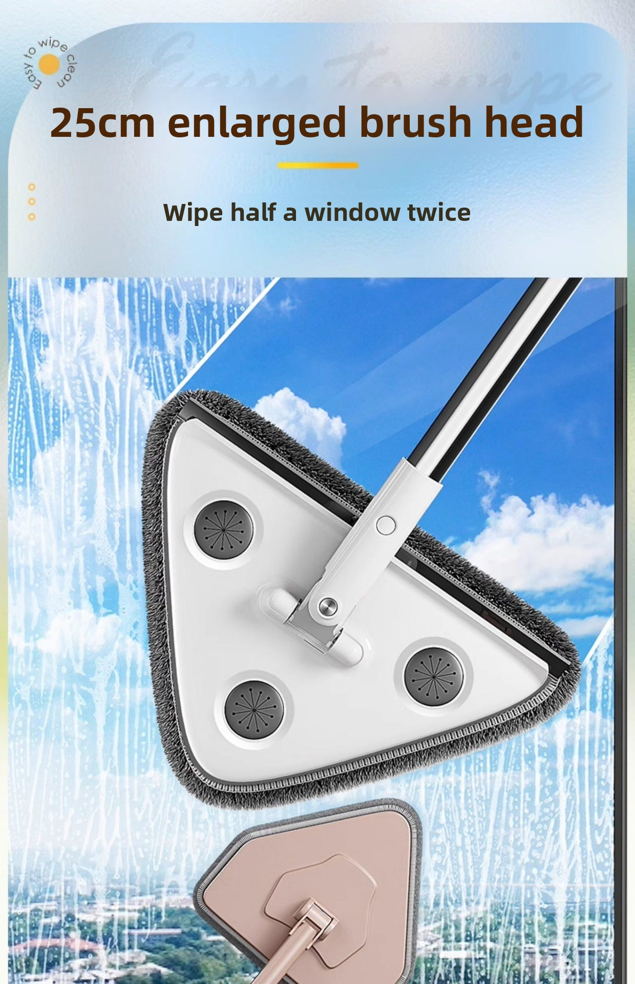 Adjustable Triangle Cleaning Mop 119cm Long Handle Window Squeegee Wall Washer Rotatable Head for Ceilings High Corners Wet Dry Use with 2 Microfibre Pads