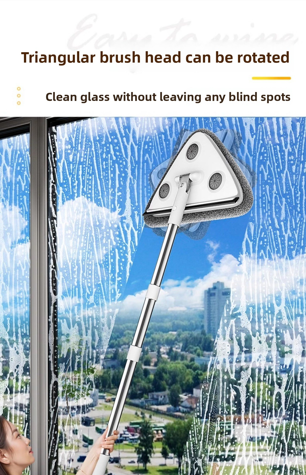 Adjustable Triangle Cleaning Mop 119cm Long Handle Window Squeegee Wall Washer Rotatable Head for Ceilings High Corners Wet Dry Use with 4 Microfibre Pads