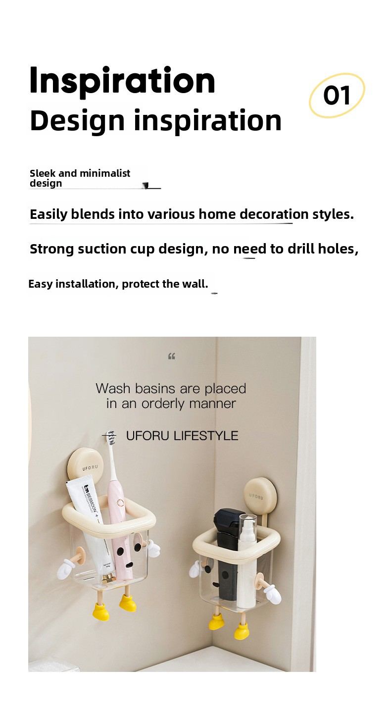 Suction Cup Bathroom Organizer Wall Mounted Toothbrush Holder No Drill Storage Caddy with Drainage for Electric Toothbrush Razor Makeup Black & Pink