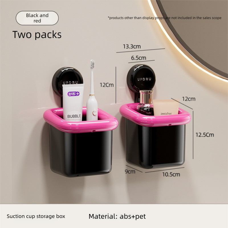 2 Pack Suction Cup Bathroom Organizer Wall Mounted Toothbrush Holder No Drill Storage Caddy with Drainage for Electric Toothbrush Razor Makeup Black & Pink
