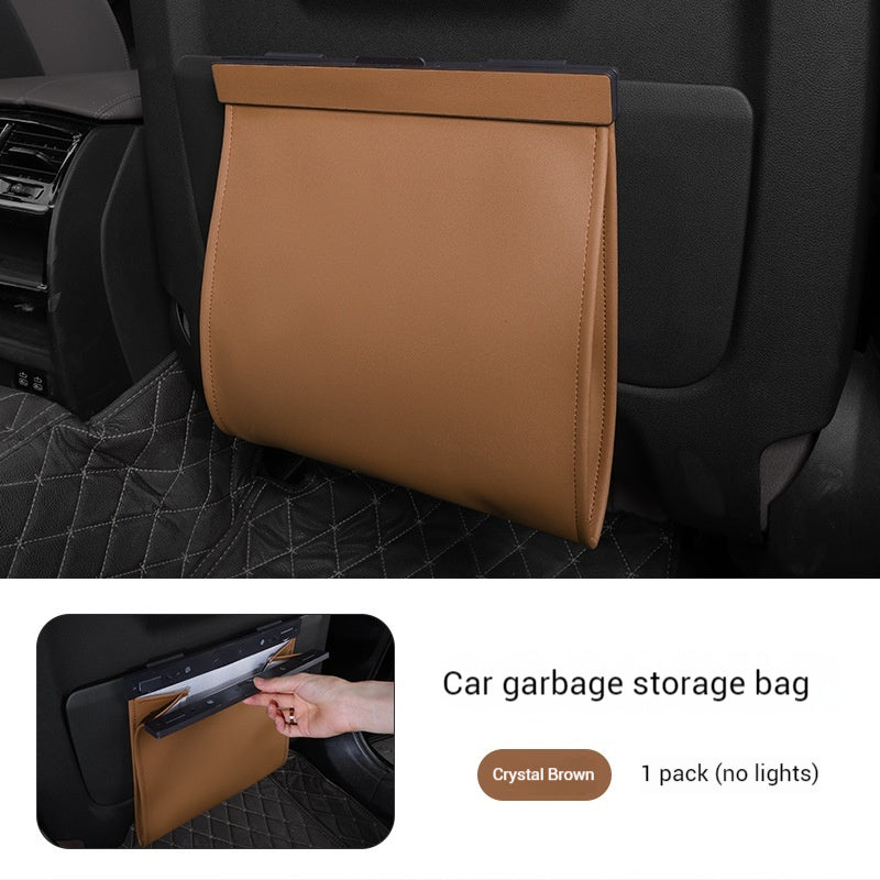 Car Trash Bag Hanging Leather Garbage Bin with Magnetic Closure Waterproof Vehicle Back Seat Organiser Leakproof Waste Storage Pocket Crystal Brown