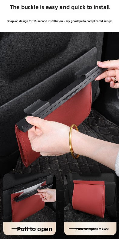 Car Trash Bag Hanging Leather Garbage Bin with Magnetic Closure Waterproof Vehicle Back Seat Organiser Leakproof Waste Storage Pocket Volcano Red