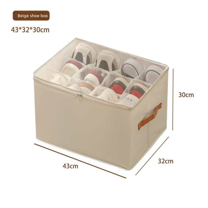 Foldable Shoe Storage Box with Clear Lid 12 Compartment Wardrobe Organiser for Sneakers Flat Sandals 600D Oxford Fabric Container with Handles Beige