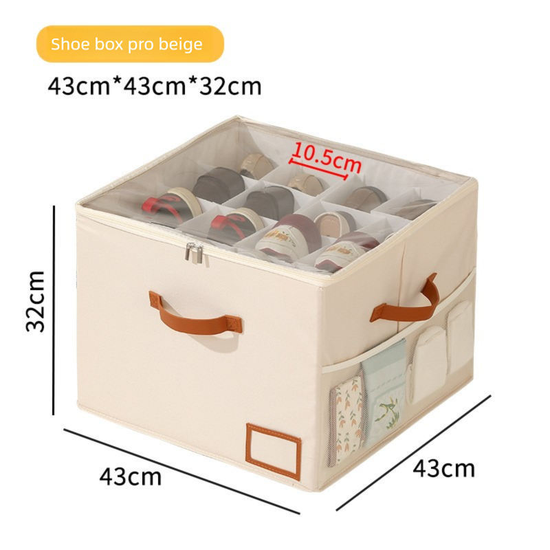 Premium Heavy Duty Shoe Storage Box 16 Grids Beige 43cm Cube Foldable Fabric Wardrobe Organiser with Label Holder and Side Pockets