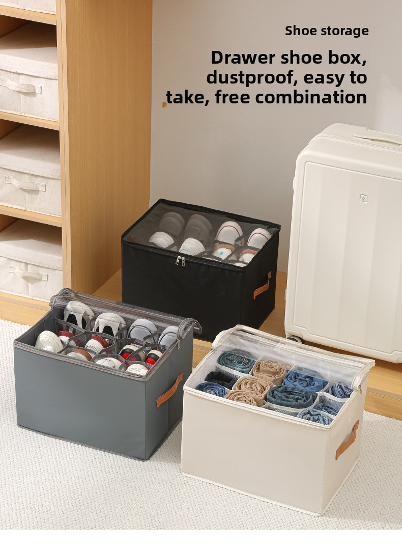 Premium Heavy Duty Shoe Storage Box 16 Grids Beige 43cm Cube Foldable Fabric Wardrobe Organiser with Label Holder and Side Pockets