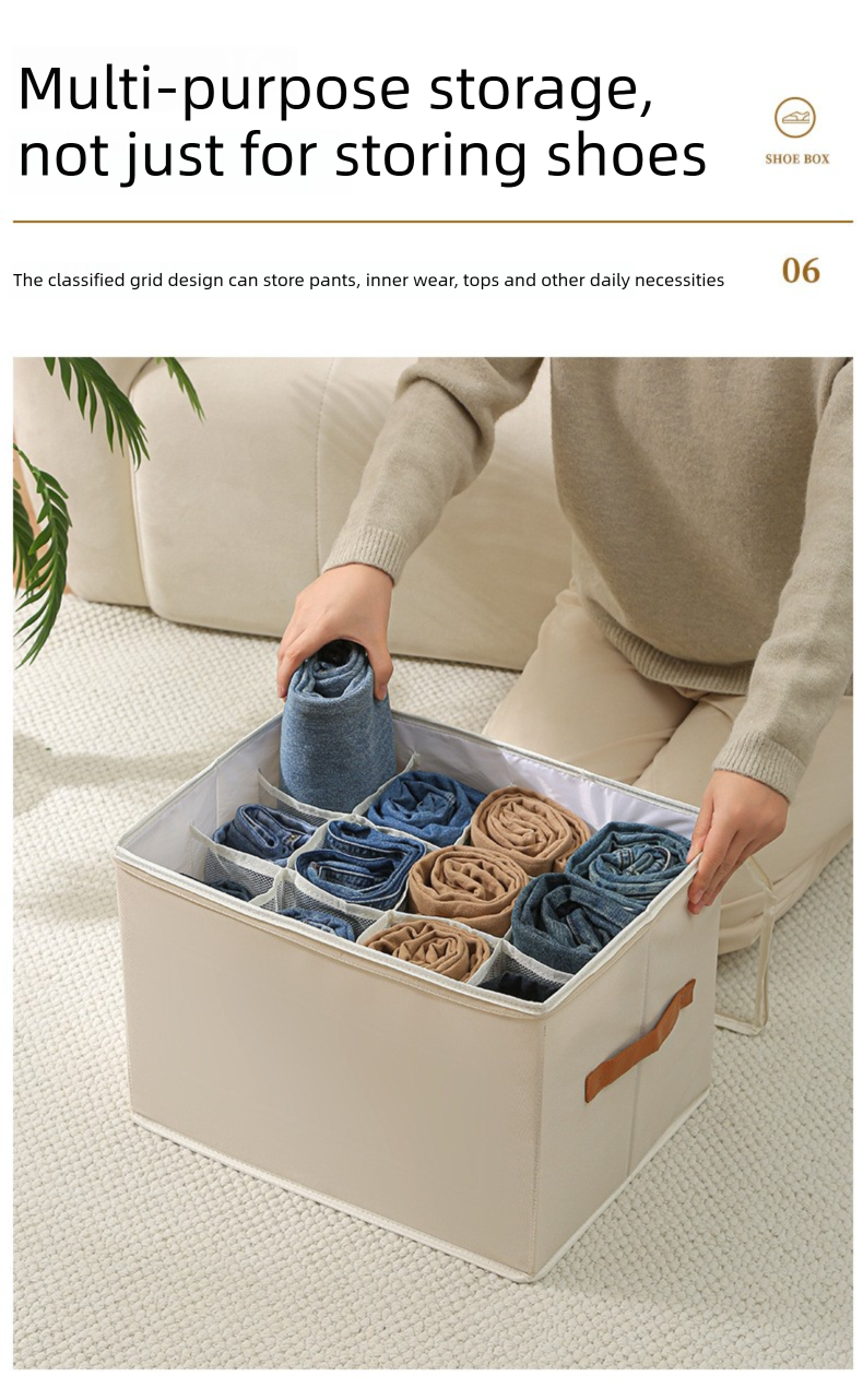 Premium Heavy Duty Shoe Storage Box 16 Grids Beige 43cm Cube Foldable Fabric Wardrobe Organiser with Label Holder and Side Pockets