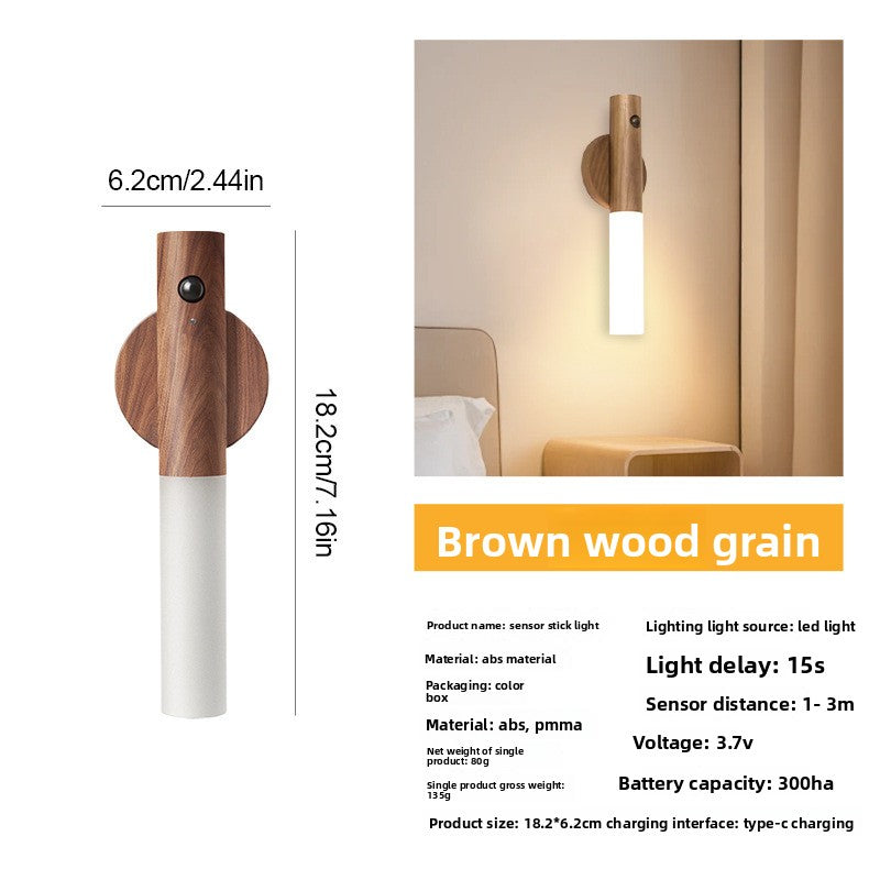Brown Wood Grain Motion Sensor Night Light LED Rechargeable Magnetic Stick Wall Lamp Wireless Smart Batten Light for Hallway Staircase Bedroom Warm White
