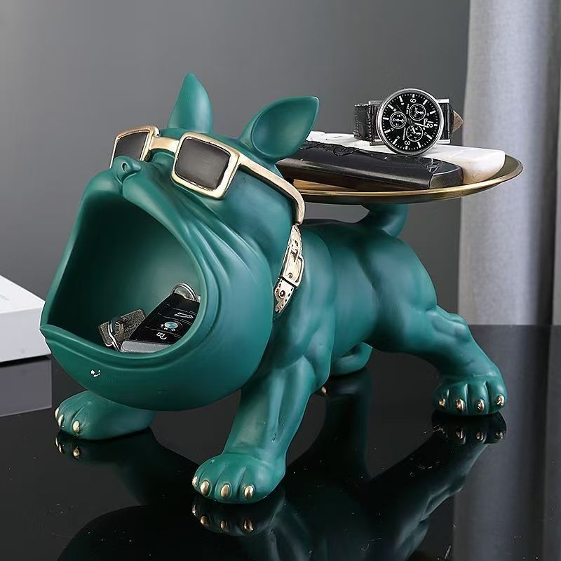 Cool French Bulldog Statue Storage Tray Dark Green Resin Dog Figurine Key Bowl and Candy Organiser with Open Mouth Design for Entryway Table Home Decor