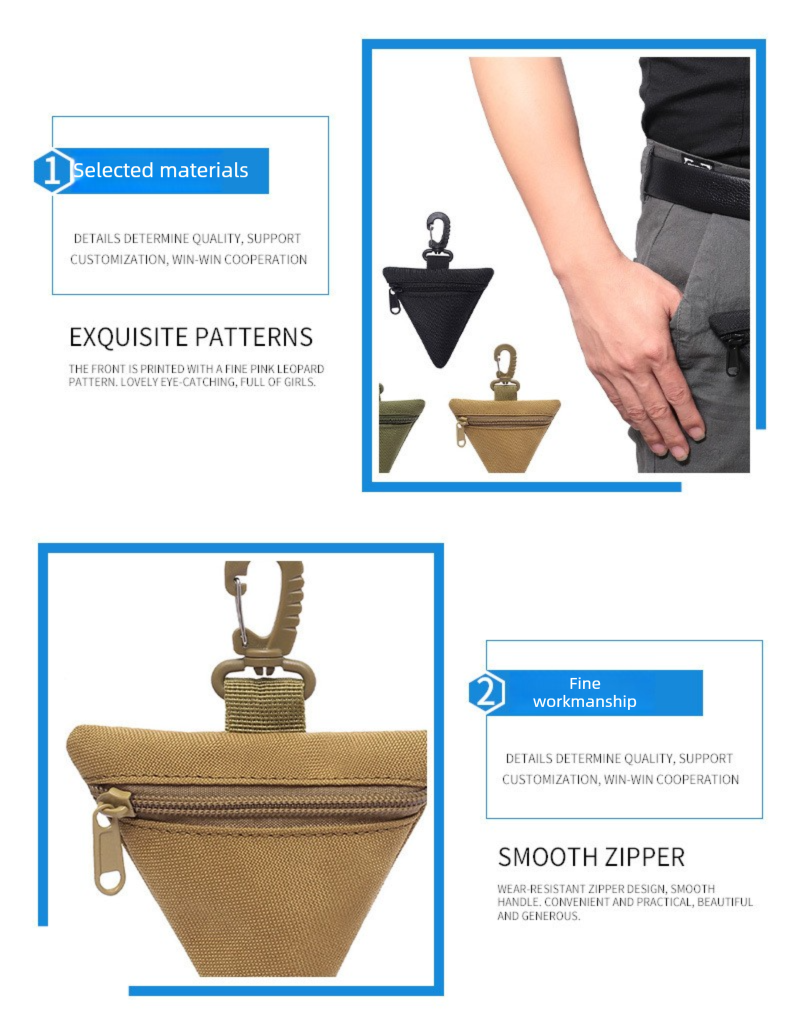 3 PCS Tactical Triangle Coin Purse Pouch Mini EDC Wallet with Carabiner Hook Heavy Duty Canvas Key Holder Case for Outdoor Camping Hiking Travel Black Khaki Green