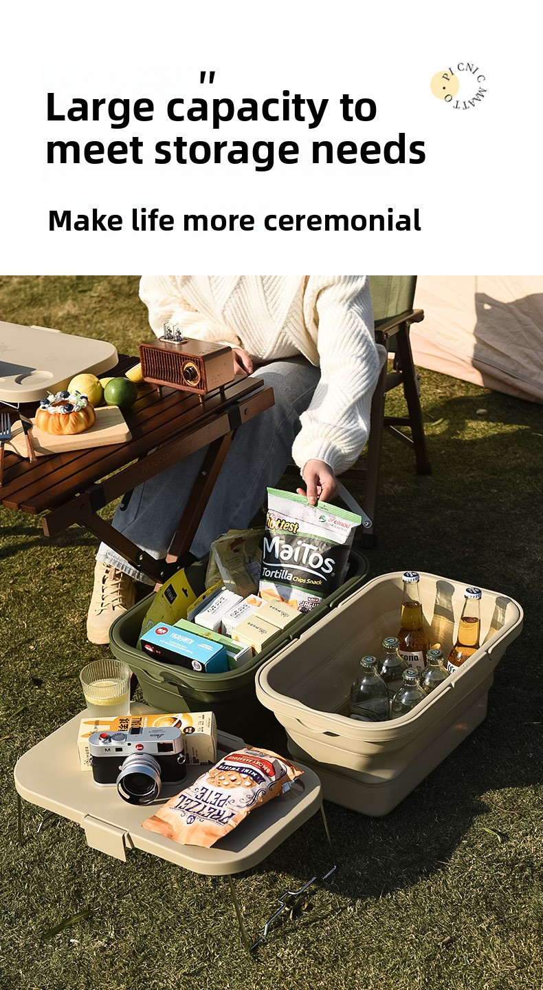 Collapsible Picnic Basket with Mini Table Lid Portable Folding Storage Crate with Cup Holders and Phone Stand Multi-Functional Outdoor Camping Sink Basin Khaki