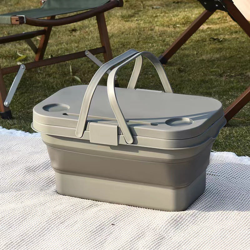 Collapsible Picnic Basket with Mini Table Lid Portable Folding Storage Crate with Cup Holders and Phone Stand Multi-Functional Outdoor Camping Sink Basin Grey