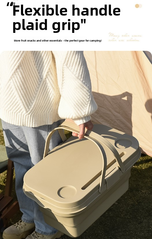 Collapsible Picnic Basket with Mini Table Lid Portable Folding Storage Crate with Cup Holders and Phone Stand Multi-Functional Outdoor Camping Sink Basin Grey