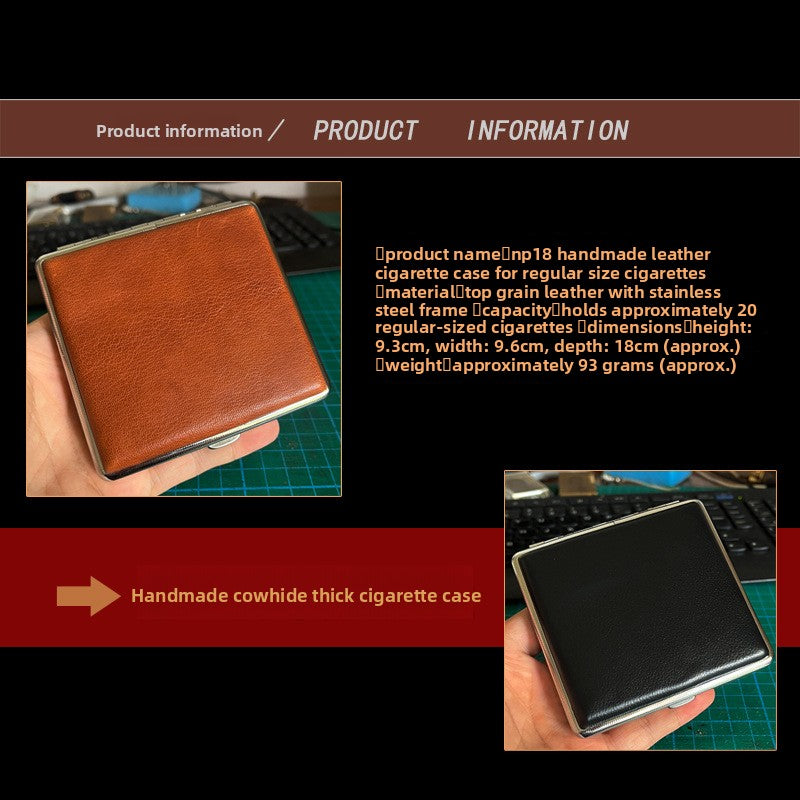 Genuine Leather Cigarette Case Deep Coffee Oil Wax Pebbled Grain 20 Stick Capacity Retro Vintage Style Metal Frame Hard Shell Box Mens Gift