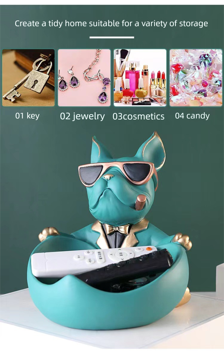 French Bulldog Pushing Wheelbarrow Storage Figurine Resin Statue Key Bowl Candy Dish Entryway Organiser Home Decor Gift Green