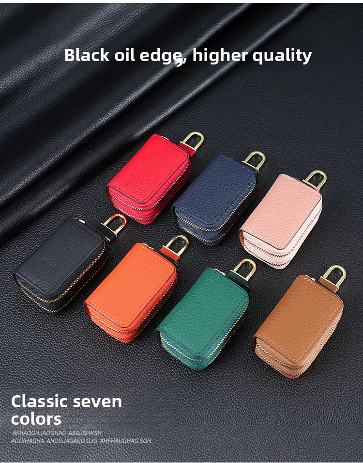 Genuine Leather Car Key Case Double Zipper Smart Key Fob Holder Wallet Remote Organiser Pouch with Hook Pink