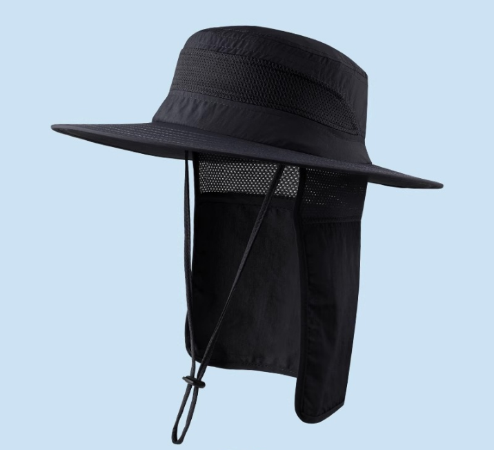 Wide Brim Sun Hat with Neck Flap UPF 50+ Protection Quick Dry Safari Cap Mesh Breathable for Fishing Gardening Hiking Outdoor Black