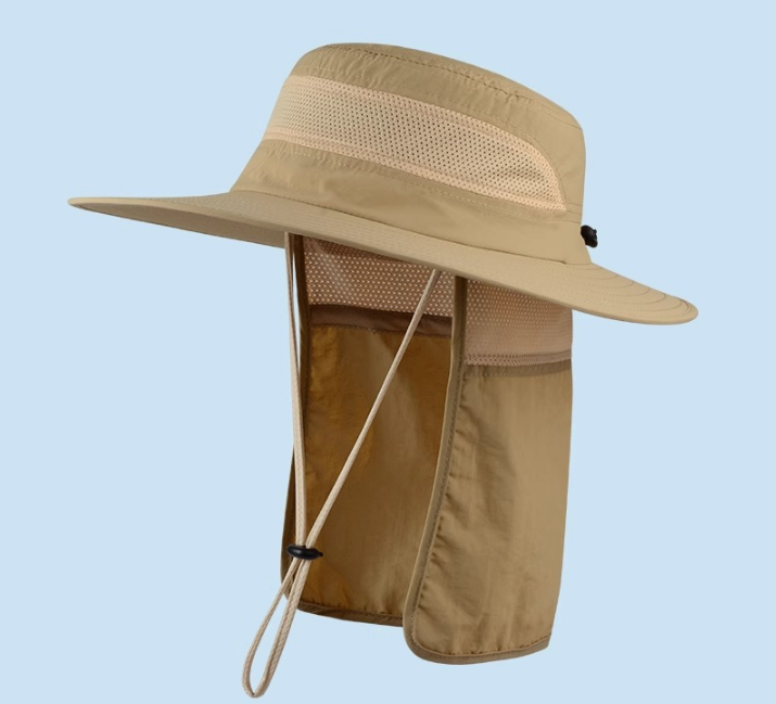 Wide Brim Sun Hat with Neck Flap UPF 50+ Protection Quick Dry Safari Cap Mesh Breathable for Fishing Gardening Hiking Outdoor Khaki