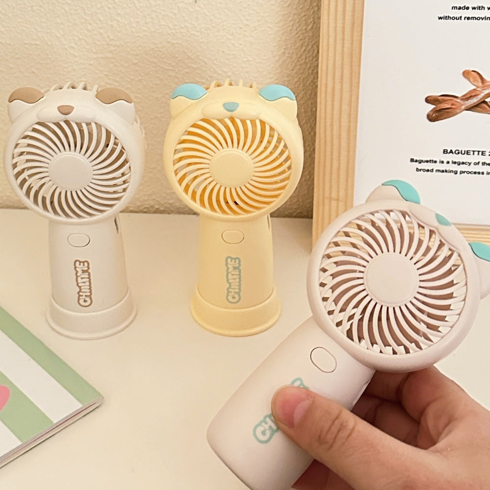 Mini Handheld Fan Rechargeable Portable Personal Cooling Device Cute Bear Design 3 Speed Adjustable with Stand Lanyard for Travel Kids Office Beige