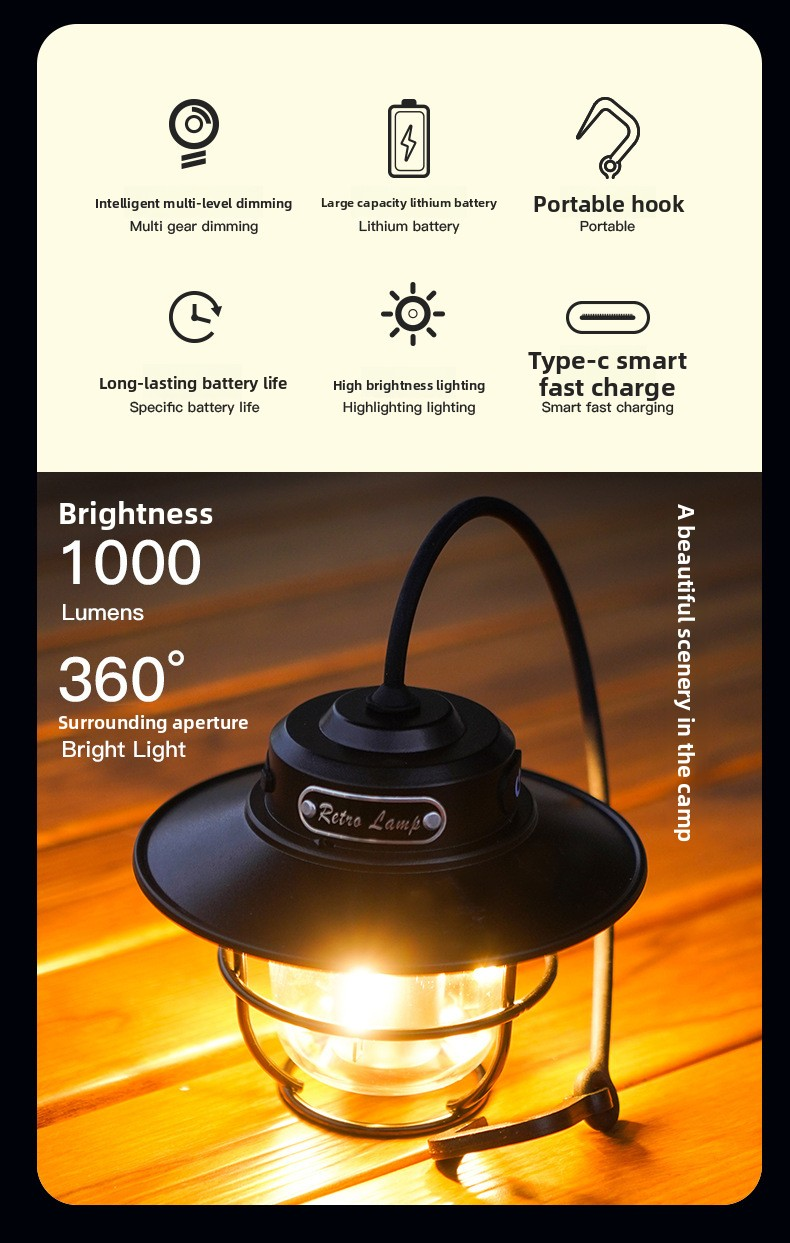 Retro LED Camping Lantern Rechargeable Pinecone Light Dimmable 4 Modes IPX4 Waterproof Hanging Tent Lamp for Outdoor Hiking Fishing Black