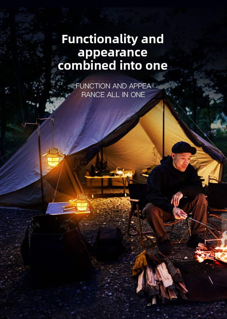 Retro LED Camping Lantern Rechargeable Pinecone Light Dimmable 4 Modes IPX4 Waterproof Hanging Tent Lamp for Outdoor Hiking Fishing Black