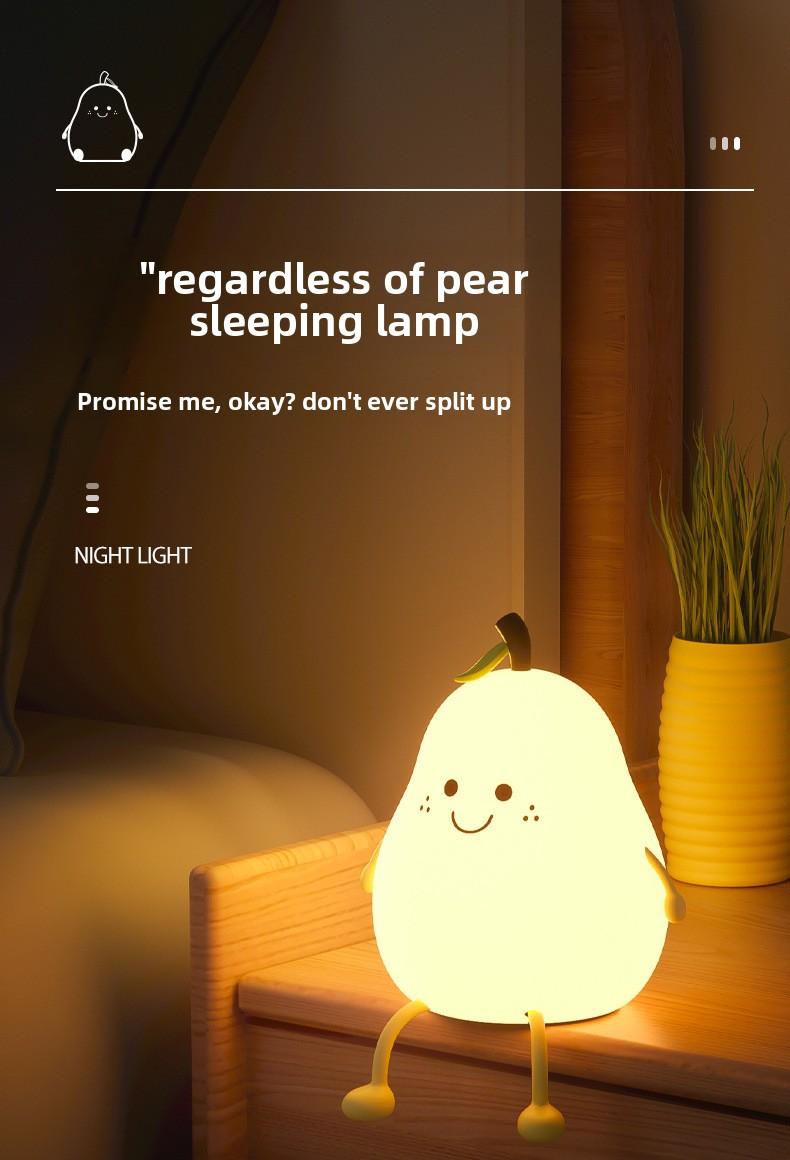 Cute Pear Night Light Squishy Silicone Nursery Lamp Rechargeable LED Bedside Light with Timer 7 Colour Changing Tap Control for Kids Baby Bedroom Gift