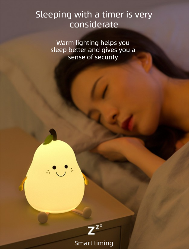 Cute Pear Night Light Squishy Silicone Nursery Lamp Rechargeable LED Bedside Light with Timer 7 Colour Changing Tap Control for Kids Baby Bedroom Gift