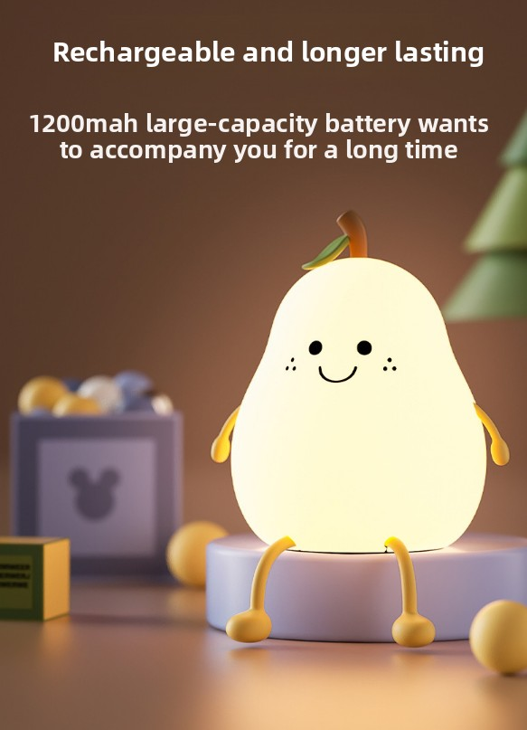 Cute Pear Night Light Squishy Silicone Nursery Lamp Rechargeable LED Bedside Light with Timer 7 Colour Changing Tap Control for Kids Baby Bedroom Gift