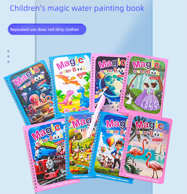 2 PCS Magic Water Colouring Book Reusable Mess Free Painting Set Underwater Ocean and Train Themes with Refillable Water Pens for Kids Travel Activity