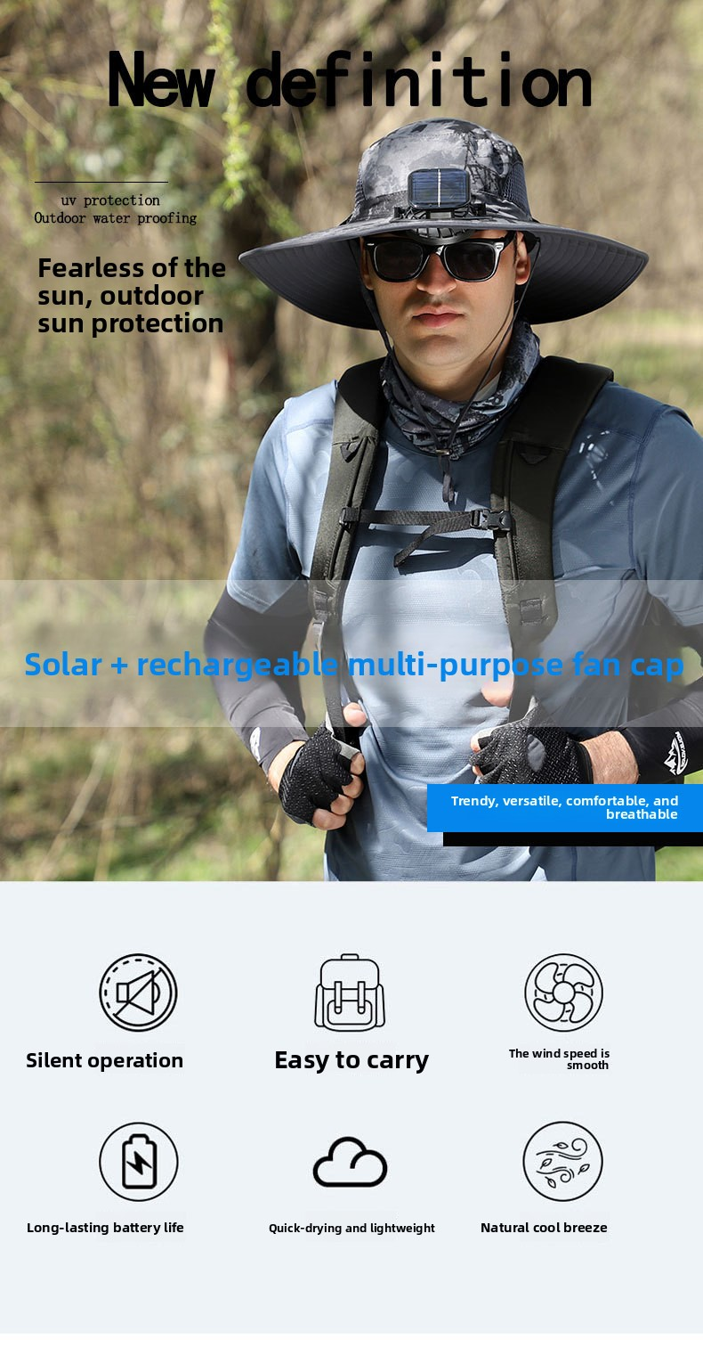 Dark Grey Dual Solar Fan Hat with Rechargeable Battery - Wide Brim UPF 50+ Sun Protection Bucket Hat for Fishing & Outdoor Work