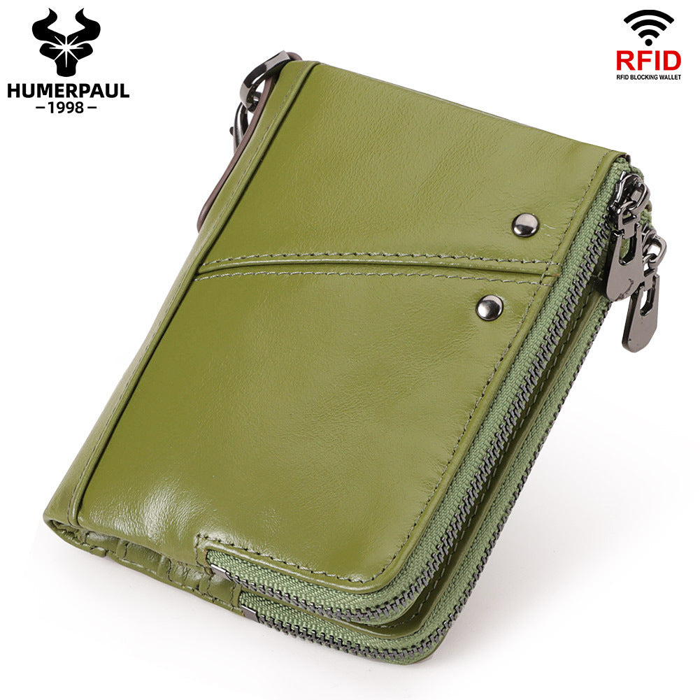 Genuine Leather Mens Wallet Double Zipper - RFID Blocking Bifold Card Holder with Coin Pocket - Green Gift for Him