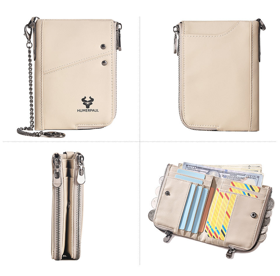 Genuine Leather Double Zipper Wallet - Green RFID Blocking Bifold Card Holder - Vintage Cowhide Purse with Coin Pockets (13cm)