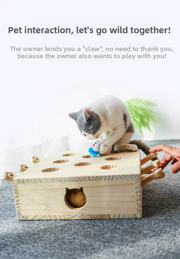 Interactive Wooden Cat Toy Whack-A-Mole Box - Solid Pine Puzzle Game with Pop-Up Plush Mice - Mental Enrichment & Bonding for Indoor Cats