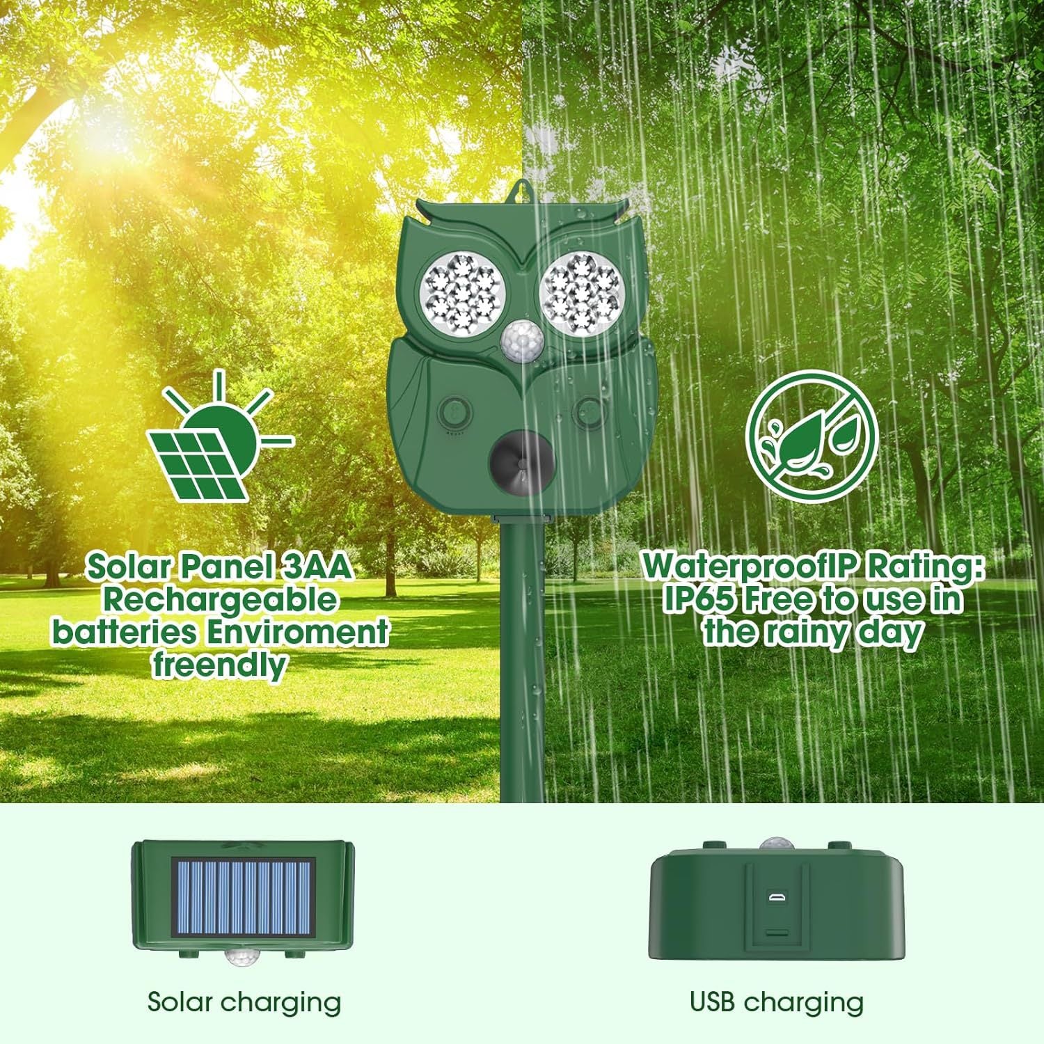 Solar Ultrasonic Animal Repeller - Owl Design with 14 LED Flashing Lights - Outdoor Motion Sensor Deterrent for Birds, Cats, Dogs & Rodents - 5 Adjustable Modes with USB Charging
