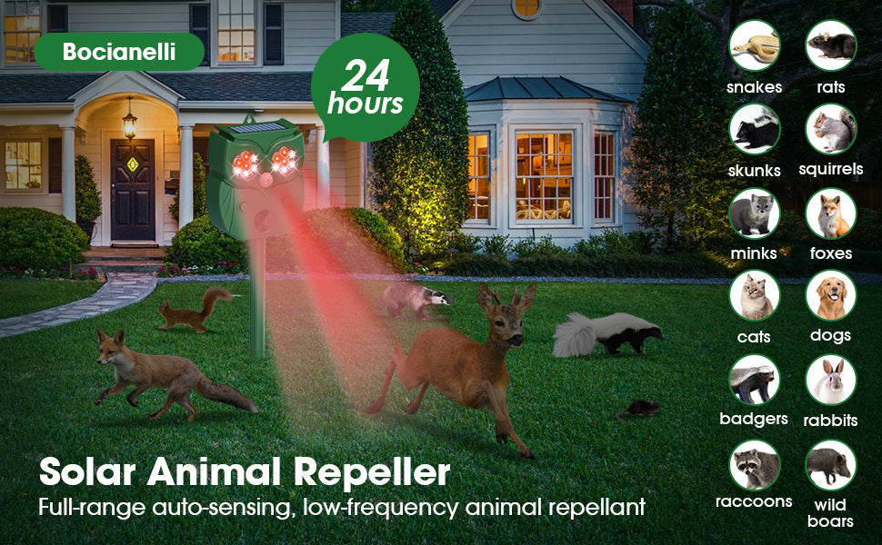 Solar Ultrasonic Animal Repeller - Owl Design with 14 LED Flashing Lights - Outdoor Motion Sensor Deterrent for Birds, Cats, Dogs & Rodents - 5 Adjustable Modes with USB Charging