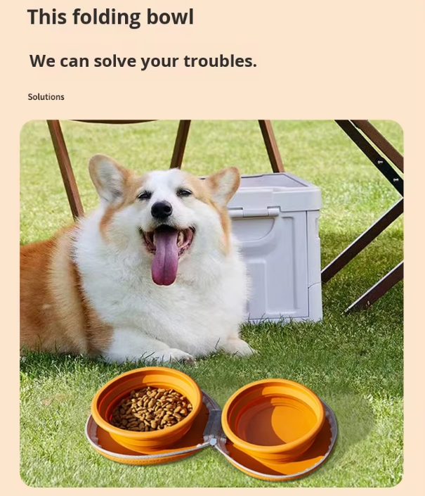 Portable Silicone Double Pet Bowl - Collapsible Travel Dog Feeder for Food & Water - 2 x 450ml Capacity with Zipper Case - Brown