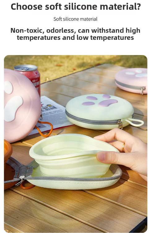 Portable Silicone Double Pet Bowl - Collapsible Travel Dog Feeder for Food & Water - 2 x 450ml Capacity with Zipper Case - Pink