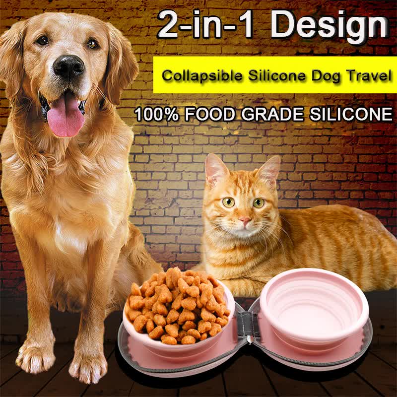 Portable Silicone Double Pet Bowl - Collapsible Travel Dog Feeder for Food & Water - 2 x 450ml Capacity with Zipper Case - Brown & Pink