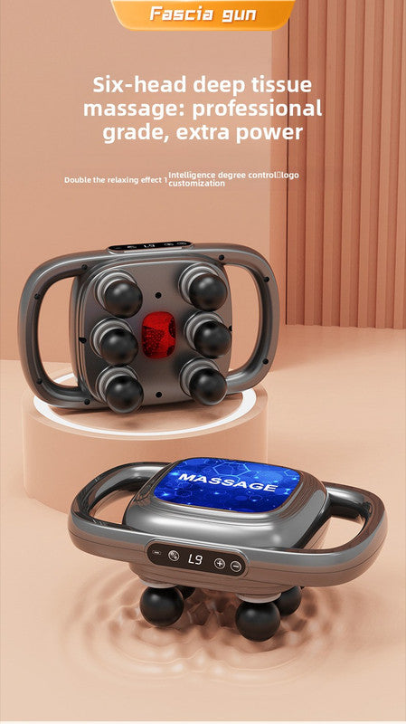 6-Head Deep Tissue Percussion Massager - Cordless Electric Muscle Gun with Red Light Therapy - 9 Speed Dual Handle Body Relaxer for Back & Legs - Starry Grey