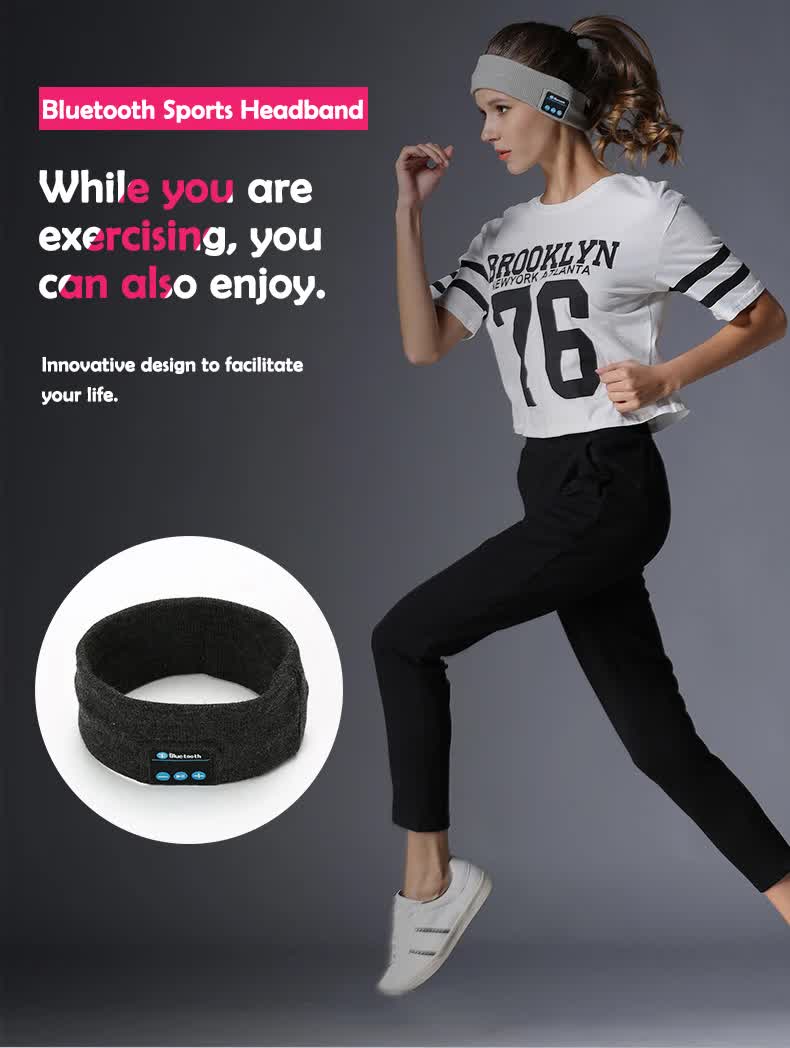 Bluetooth 5.4 Sports Headband Headphones - Wireless Music Sleep Mask for Running & Gym - Sweat Absorbing Washable Cotton Band - Grey with Zipper Storage Bag