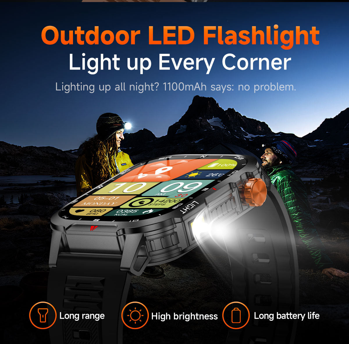 Rugged Outdoor Smart Watch for Men - 1100mAh Extra Long Battery with LED Flashlight & Compass - 2.01" HD Screen Bluetooth Calling IP68 Waterproof Fitness Tracker - Camouflage Color