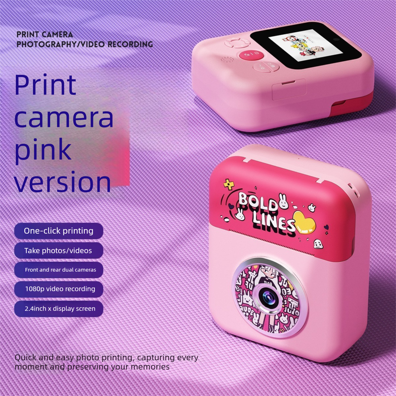 Kids Instant Print Camera with 32GB SD Card & 3 Paper Rolls - Retro Thermal Digital Camera & Video Recorder - 1080P Dual Lens Selfie Toy Gift - Pink