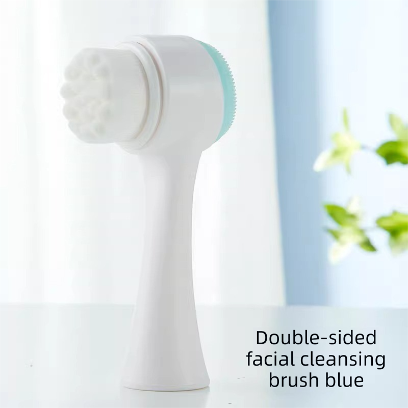 2-in-1 Dual Sided Facial Cleansing Brush Soft Microfiber & Silicone Scrubber Manual Face Washer Exfoliator Tool Blue for Deep Pore Cleaning