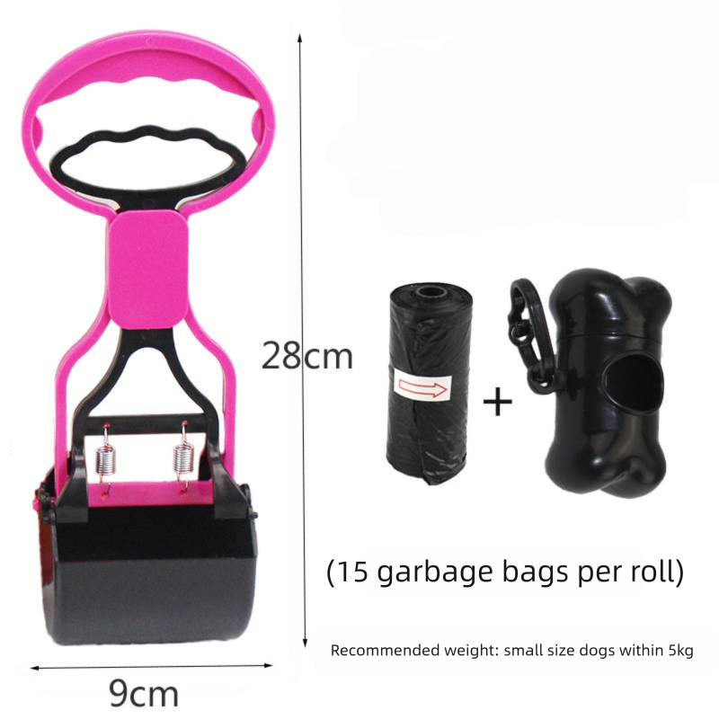 Portable Pet Pooper Scooper 28cm Handheld Dog Waste Jaw Claw Picker with Bone Dispenser & Waste Bags Pink