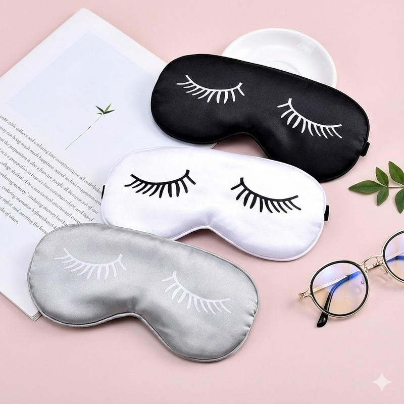 3 PCS Silky Satin Sleep Mask Set Cute Eyelash Design Soft Light Blocking Eye Cover with Adjustable Strap for Travel Nap Black White Grey