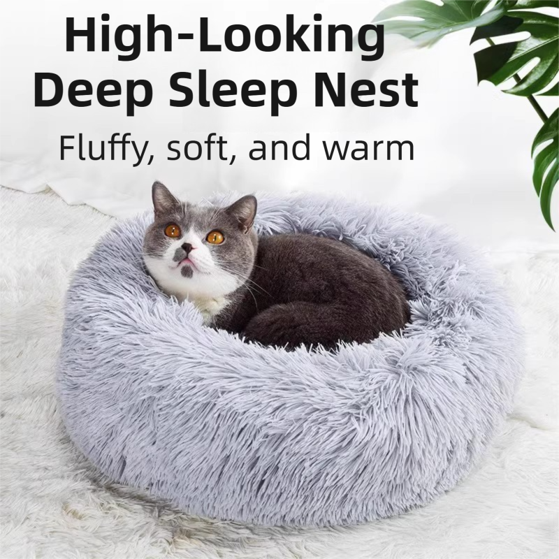 Grey Cozy Donut Long Plush Cat & Dog Calming Bed(Diameter 50cm) - Double-Layer PP Cotton Filling Warming Pet Bed with Anti-Slip Base & Free Blanket