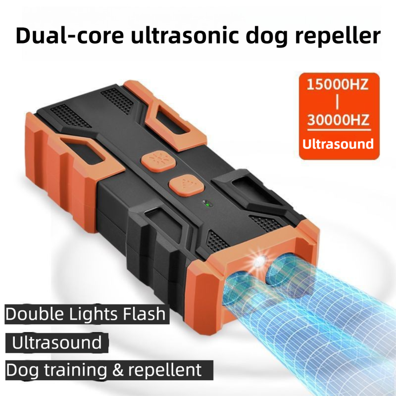 Portable Double-Head Mech Model Ultrasonic Dog Repeller & Trainer with LED Flashlight - Multi-Function Pet Safety Device for Outdoors