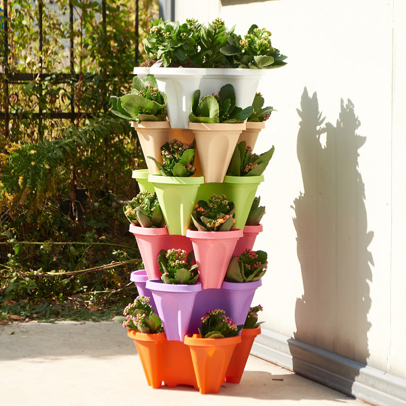 Red 3-Tier Stackable Strawberry & Vegetable Planter with Mobile Wheel Tray - Space-Saving Vertical Gardening System