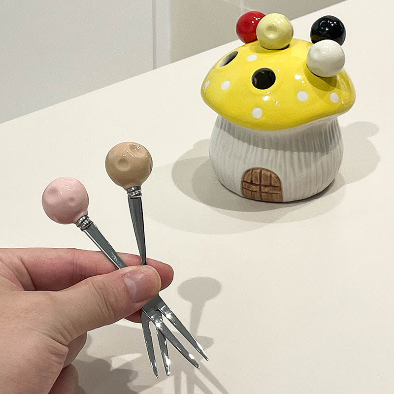 Orange Cute Cartoon Mushroom Mirror Polished Cutlery Jar with 6-Piece Stainless Steel Fruit Fork Set - Dessert Picks/Appetizer Forks